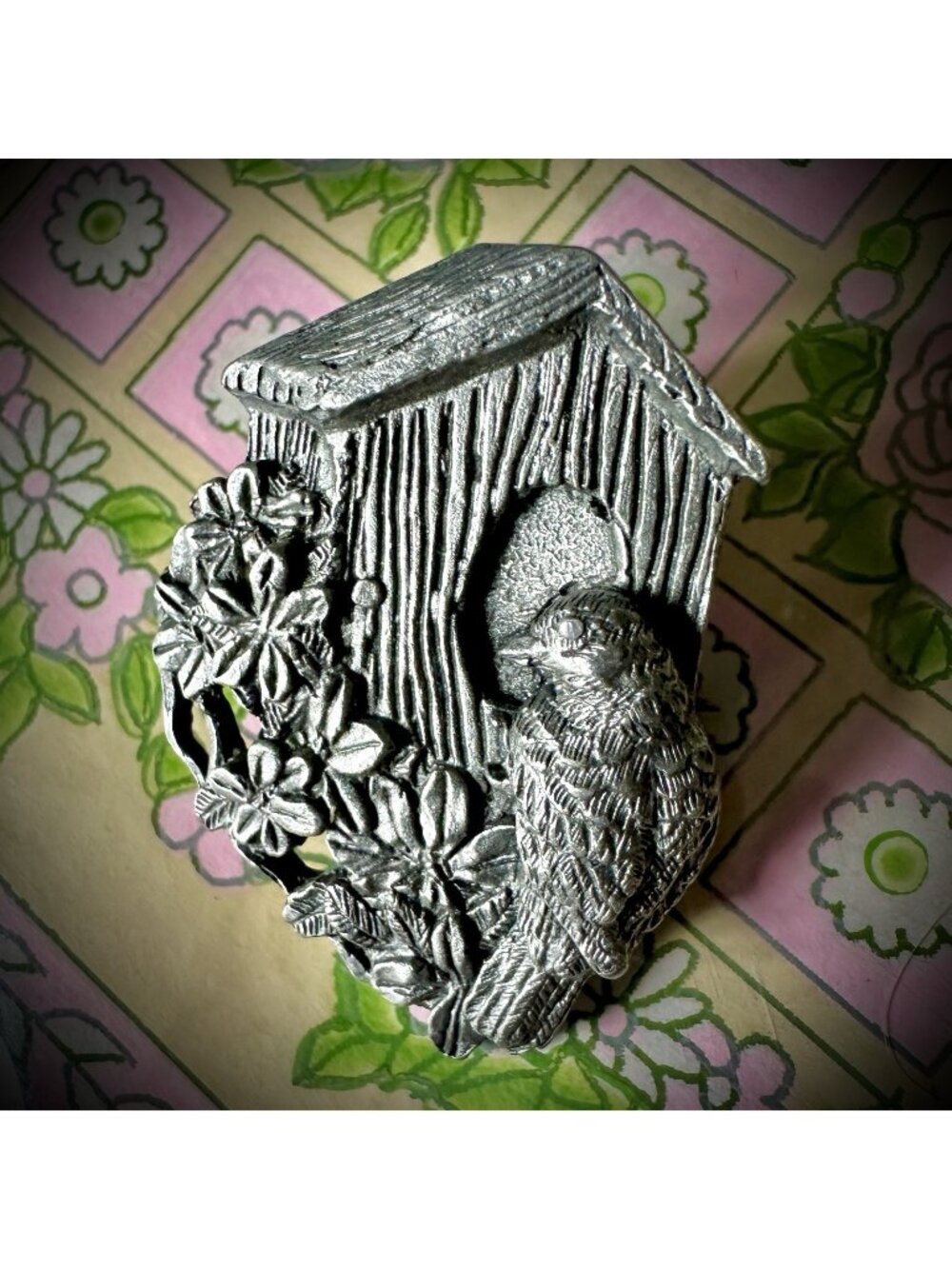 Vintage Pewter Birdhouse Cottagecore Brooch Birds&Blooms Limited Edition 1997